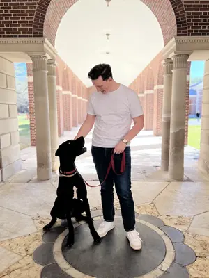 Alex Walley, tenor, with his Great Dane dog at Saratoga Spa State Park